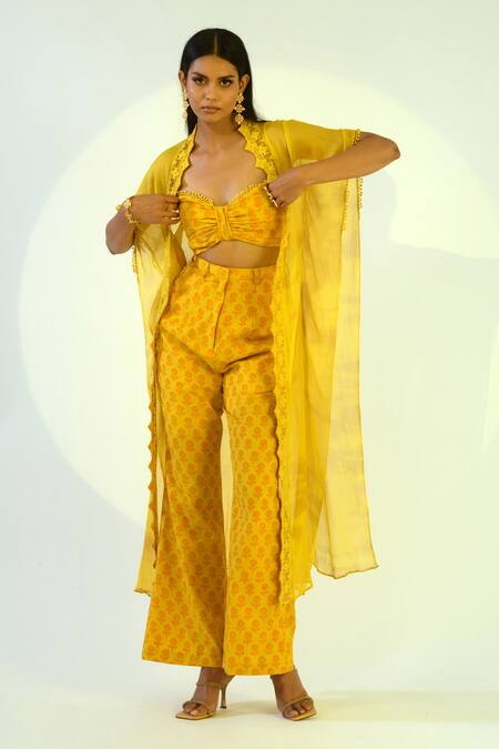 Buy_Kalakaari By Sagarika_Yellow Cotton, Chiffon Floral Motifs Shrug Open, Top Print Pant Set With_Online_at_Aza_Fashions