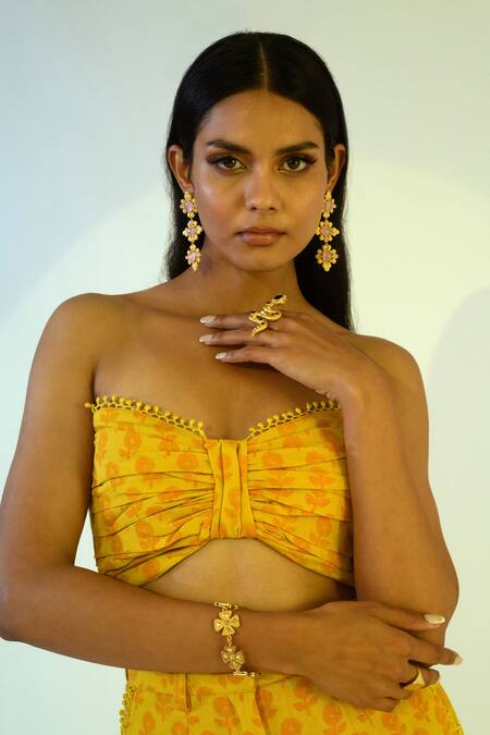 Shop_Kalakaari By Sagarika_Yellow Cotton, Chiffon Floral Motifs Shrug Open, Top Print Pant Set With_Online_at_Aza_Fashions