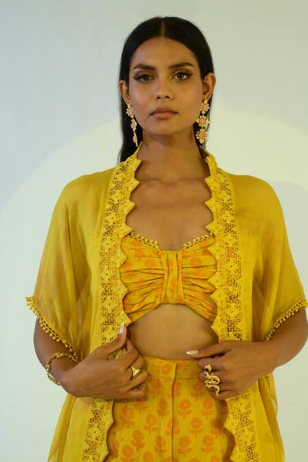 Kalakaari By Sagarika_Yellow Cotton, Chiffon Floral Motifs Shrug Open, Top Print Pant Set With_at_Aza_Fashions