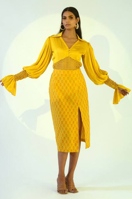 Shop_Kalakaari By Sagarika_Yellow Cotton, Modal Silk Floral Motifs Collared Neck Print Skirt Set _Online_at_Aza_Fashions