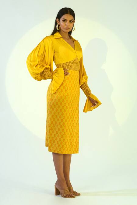 Kalakaari By Sagarika_Yellow Cotton, Modal Silk Floral Motifs Collared Neck Print Skirt Set _Online_at_Aza_Fashions