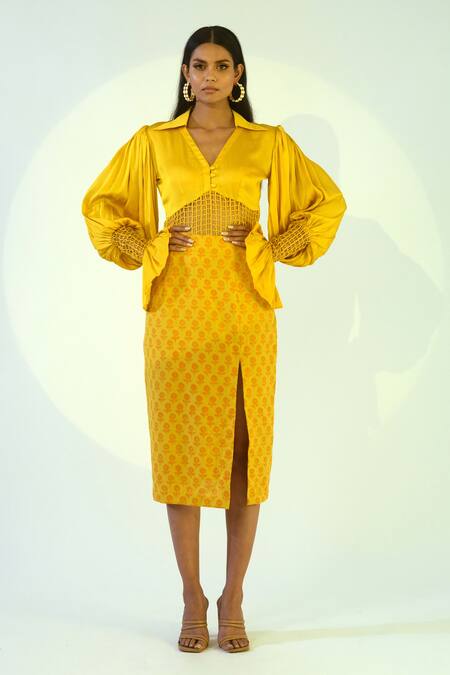 Buy_Kalakaari By Sagarika_Yellow Cotton, Modal Silk Floral Motifs Collared Neck Print Skirt Set _Online_at_Aza_Fashions