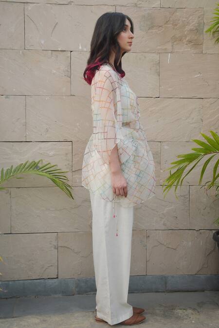 Tahweave_White Organza Hand Printed Checkered Round Kaftan Top_Online_at_Aza_Fashions