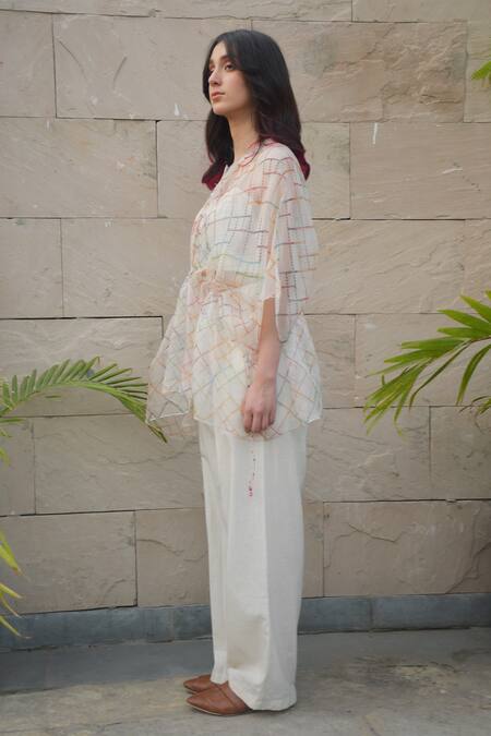 Buy_Tahweave_White Organza Hand Printed Checkered Round Kaftan Top_Online_at_Aza_Fashions