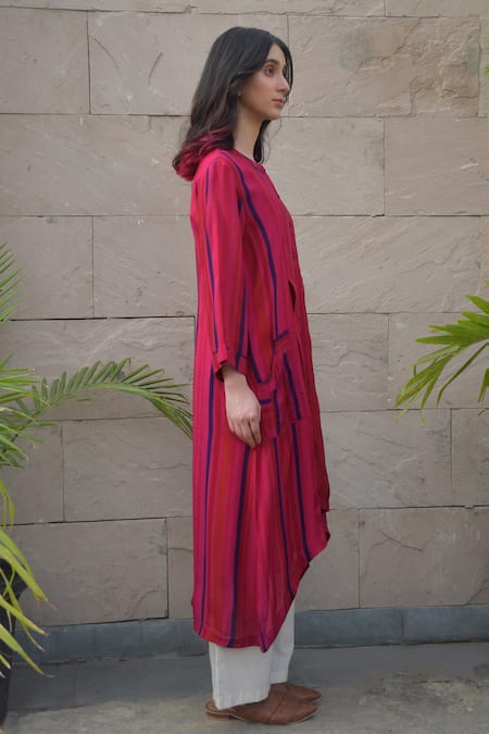 Tahweave_Pink Muslin Hand Printed Striped Round High Low Kurta _Online_at_Aza_Fashions