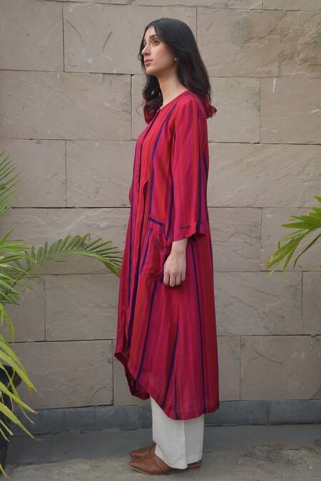 Buy_Tahweave_Pink Muslin Hand Printed Striped Round High Low Kurta _Online_at_Aza_Fashions