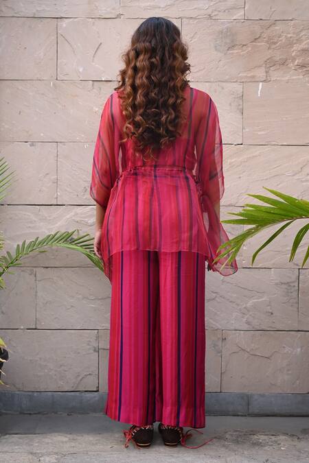 Shop_Tahweave_Pink Organza Hand Printed Striped Round Kaftan Top_at_Aza_Fashions