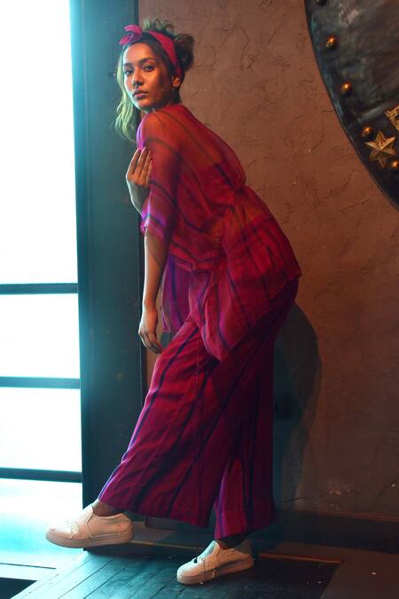 Buy_Tahweave_Pink Organza Hand Printed Striped Round Kaftan Top_Online_at_Aza_Fashions
