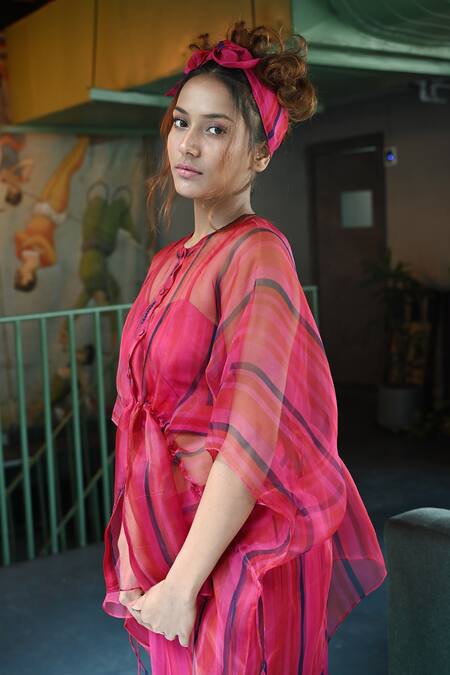 Shop_Tahweave_Pink Organza Hand Printed Striped Round Kaftan Top_Online_at_Aza_Fashions