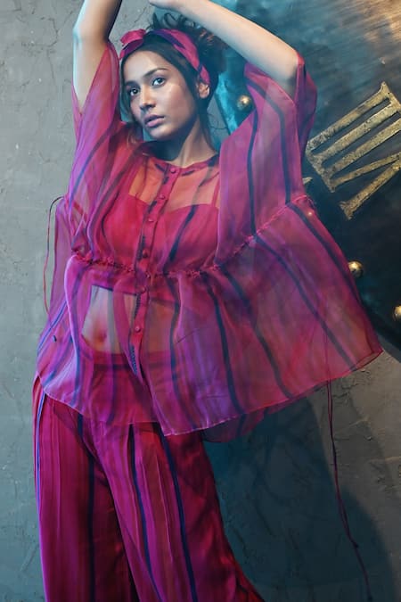 Tahweave_Pink Organza Hand Printed Striped Round Kaftan Top_at_Aza_Fashions