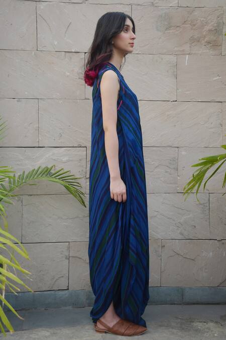 Tahweave_Blue Organza, Muslin Striped, Thread Work Round Cowl Dress_Online_at_Aza_Fashions