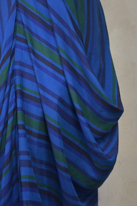Tahweave_Blue Organza, Muslin Striped, Thread Work Round Cowl Dress_at_Aza_Fashions