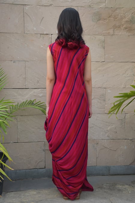 Shop_Tahweave_Pink Muslin Hand Printed Striped Round Cowl Dress _at_Aza_Fashions