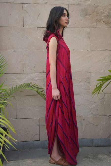 Tahweave_Pink Muslin Hand Printed Striped Round Cowl Dress _Online_at_Aza_Fashions