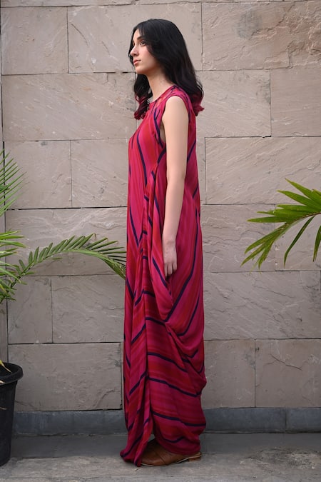 Buy_Tahweave_Pink Muslin Hand Printed Striped Round Cowl Dress _Online_at_Aza_Fashions