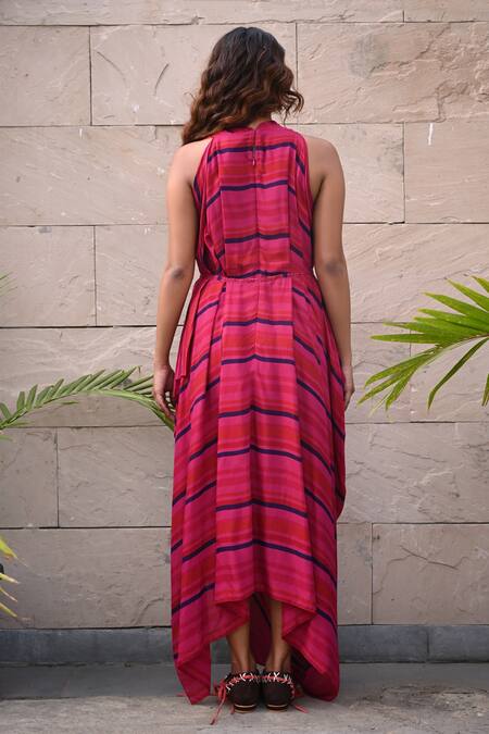 Shop_Tahweave_Pink Muslin Hand Printed Striped Cowl Neck Dress _at_Aza_Fashions