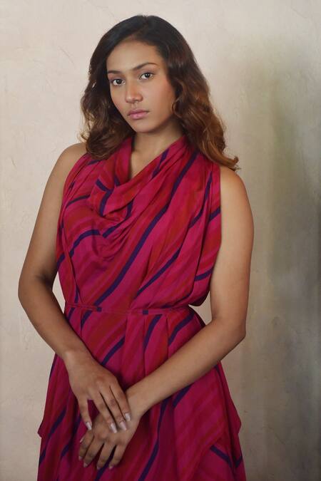 Tahweave_Pink Muslin Hand Printed Striped Cowl Neck Dress _at_Aza_Fashions