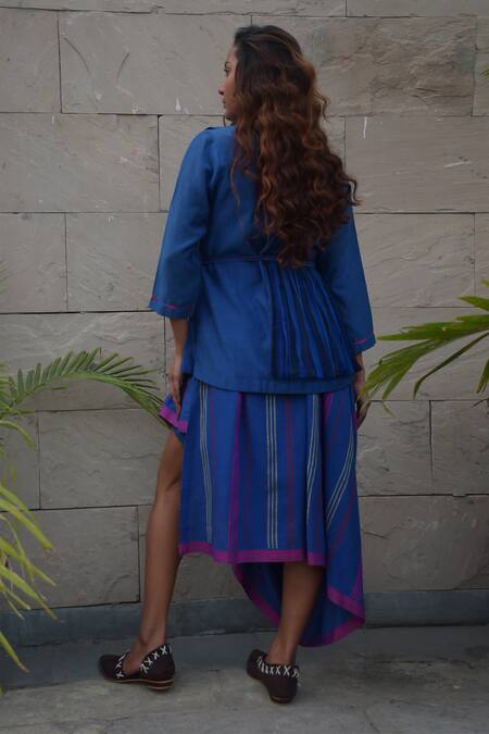 Shop_Tahweave_Blue Muslin Hand Printed Striped V Neck Angrakha Jacket _at_Aza_Fashions