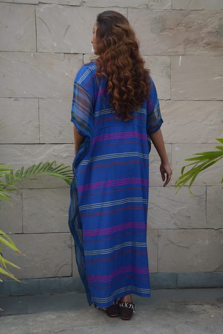 Shop_Tahweave_Blue Organza, Cotton Silk Striped, Thread Work Round Hand Embroidered Kaftan _at_Aza_Fashions