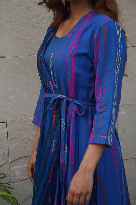 Tahweave_Blue Handloom Cotton Striped, Thread Work Hand Embroidered Jacket With Slip_Online_at_Aza_Fashions