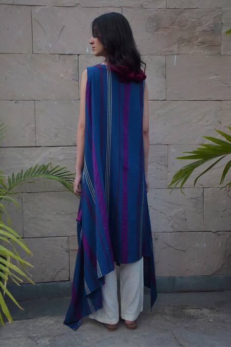 Shop_Tahweave_Blue Cotton Silk Hand Printed Striped Boat Neck Asymmetric Kurta _at_Aza_Fashions