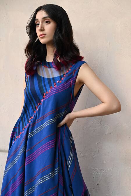 Buy_Tahweave_Blue Organza, Cotton Silk Striped, Thread Work High Neck Cowl Dress_Online_at_Aza_Fashions