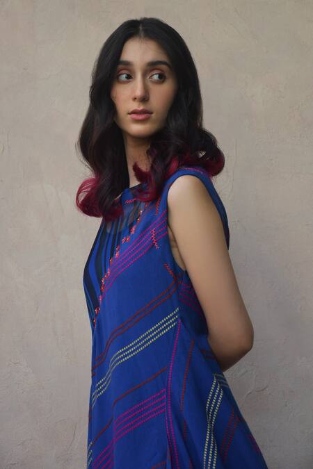 Shop_Tahweave_Blue Organza, Cotton Silk Striped, Thread Work High Neck Cowl Dress_Online_at_Aza_Fashions