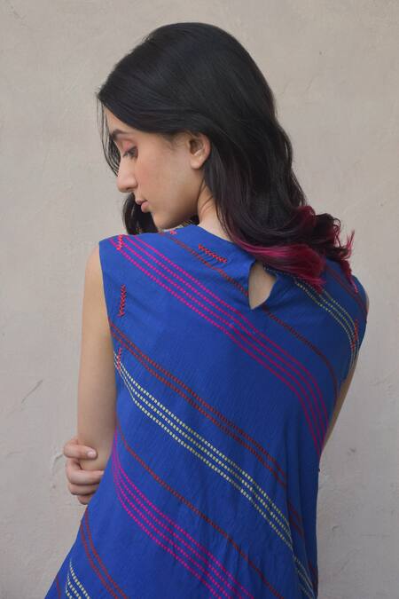 Tahweave_Blue Organza, Cotton Silk Striped, Thread Work High Neck Cowl Dress_at_Aza_Fashions