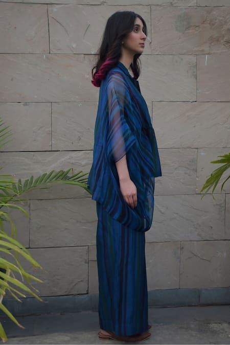 Tahweave_Blue Organza, Muslin Striped, Thread Work Straight Collar Angrakha Top_Online_at_Aza_Fashions