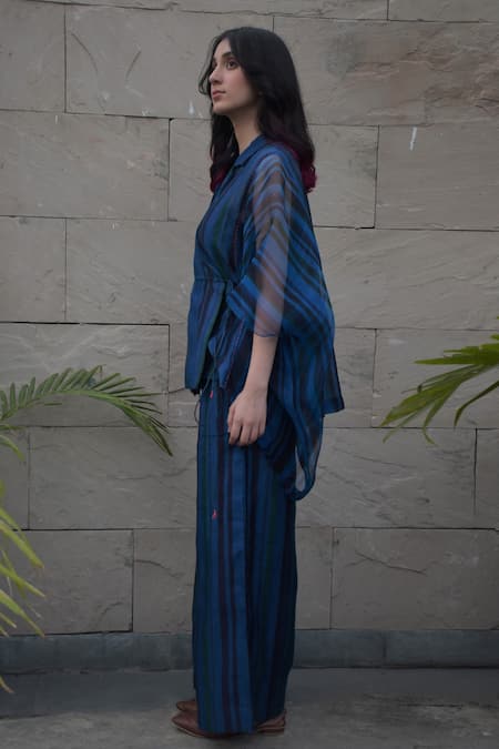 Buy_Tahweave_Blue Organza, Muslin Striped, Thread Work Straight Collar Angrakha Top_Online_at_Aza_Fashions