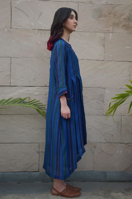 Tahweave_Blue Muslin Hand Printed Striped Round High Low Kurta _Online_at_Aza_Fashions