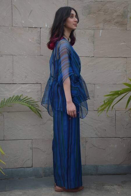 Tahweave_Blue Organza Hand Printed Striped Round Kaftan Top_Online_at_Aza_Fashions