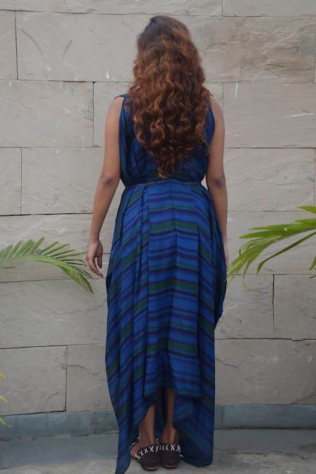 Shop_Tahweave_Blue Muslin Hand Printed Striped Cowl Neck Dress _at_Aza_Fashions