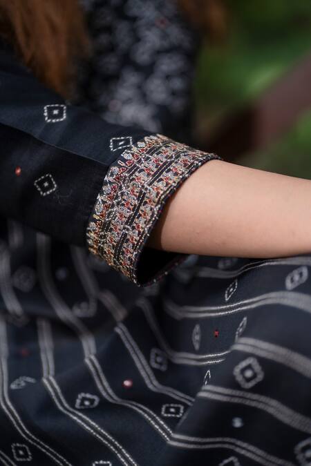 Shop_Turaja_Black Pure Chanderi Printed Geometric Round Kurta_Online_at_Aza_Fashions