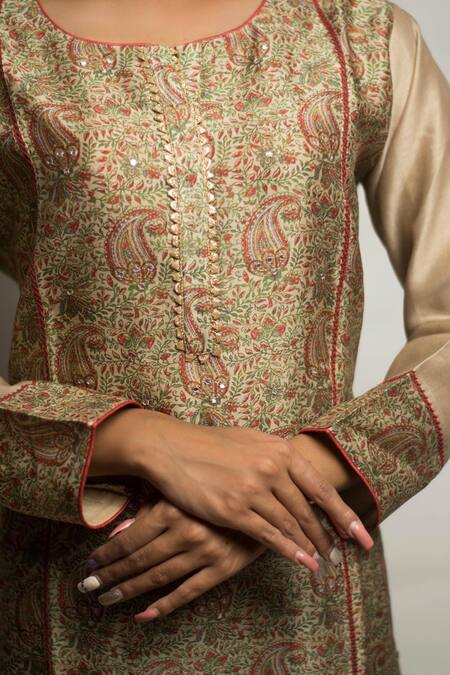 Turaja_Beige Pure Chanderi Paisley Round Embroidered Kurta_Online_at_Aza_Fashions