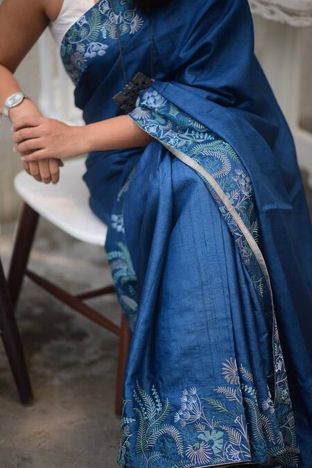 Turaja_Blue Pure Tussar Resham And Applique Work Embroidered Saree With Running Blouse_Online_at_Aza_Fashions