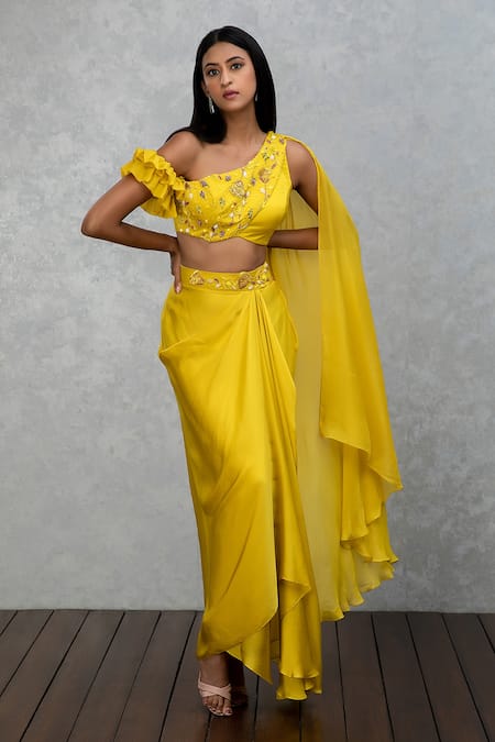 ISHA GUPTA TAYAL_Yellow Satin Silk Cutdana Work One Shoulder Draped Top And Skirt Set _Online_at_Aza_Fashions