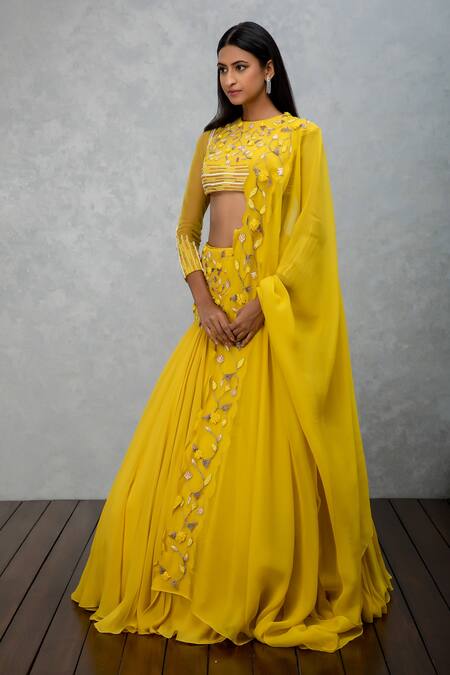 ISHA GUPTA TAYAL_Yellow Organza, Georgette, Soft Tulle Cutdana Embroidered Pleated Lehenga Set _Online_at_Aza_Fashions