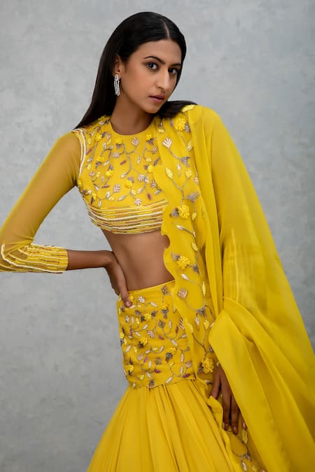Buy_ISHA GUPTA TAYAL_Yellow Organza, Georgette, Soft Tulle Cutdana Embroidered Pleated Lehenga Set _Online_at_Aza_Fashions