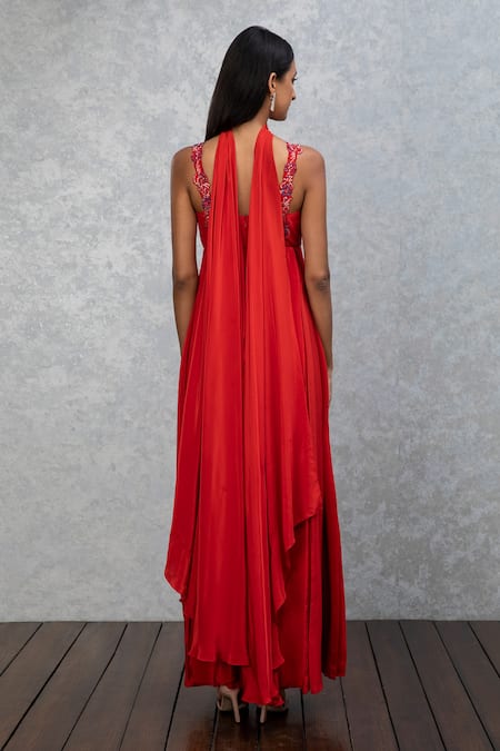 Shop_Isha Gupta Tayal_Orange Crepe Cutdana, Dabka Square Neck Front Cutout Jumpsuit With Dupatta _at_Aza_Fashions