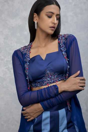 ISHA GUPTA TAYAL_Blue Silk, Organza Cutdana, Dori, Dabka And Sequence Blouse And Striped Pant Set _Online_at_Aza_Fashions