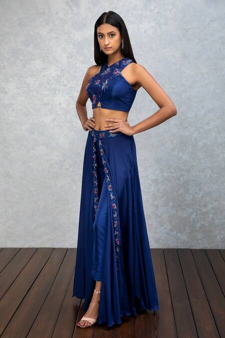 ISHA GUPTA TAYAL_Blue Chiffon Silk Dabka And Cutdana Work Halter Neck Top & Overlay Pant Set _Online_at_Aza_Fashions