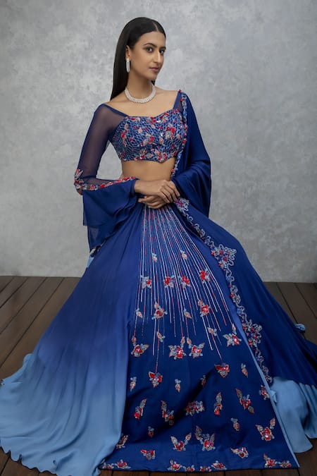 ISHA GUPTA TAYAL_Blue Silk, Chiffon Cutdana, Floral, Sequin, Dabka Embroidered Lehenga Set _Online_at_Aza_Fashions