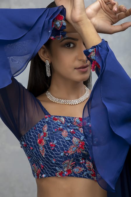 Buy_ISHA GUPTA TAYAL_Blue Silk, Chiffon Cutdana, Floral, Sequin, Dabka Embroidered Lehenga Set _Online_at_Aza_Fashions