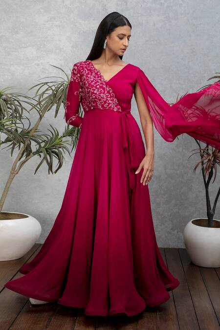 ISHA GUPTA TAYAL_Pink Silk, Georgette Cutdana, Floral, Beads, Dabka V Neck Draped Sleeve Gown _Online_at_Aza_Fashions