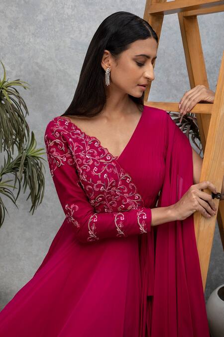 Buy_ISHA GUPTA TAYAL_Pink Silk, Georgette Cutdana, Floral, Beads, Dabka V Neck Draped Sleeve Gown _Online_at_Aza_Fashions