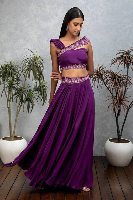 ISHA GUPTA TAYAL_Purple Crepe Cutdana, Dabka Work, Zari Sweetheart Pleated Sharara And Crop Top _Online_at_Aza_Fashions