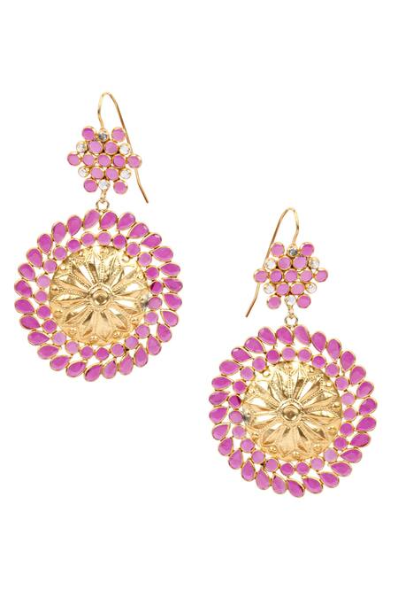 Shop Sangeeta Boochra Gold Plated Crystals Handcrafted Floral Carved Earrings at Aza Fashions Shop_Sangeeta Boochra_Gold Plated Crystals Handcrafted Floral Carved Earrings _at_Aza_Fashions