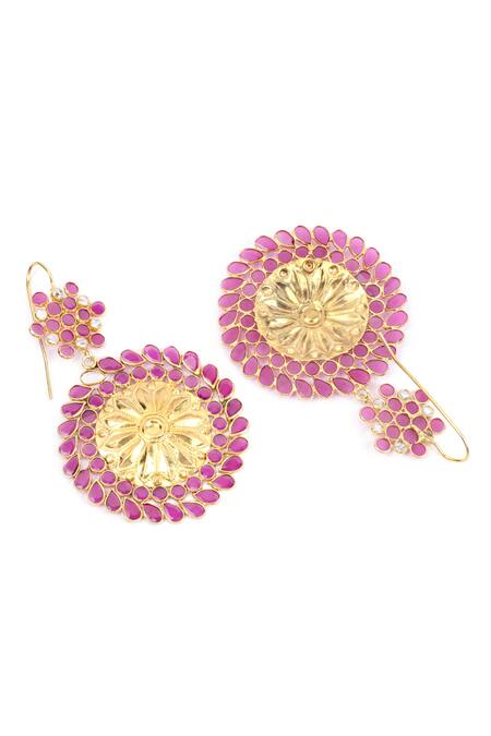 Sangeeta Boochra_Gold Plated Crystals Handcrafted Floral Carved Earrings _Online_at_Aza_Fashions
