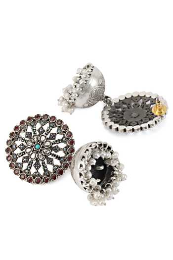 Sangeeta Boochra_Silver Plated Stones, Beads Handcrafted Floral Carved Earrings _Online_at_Aza_Fashions